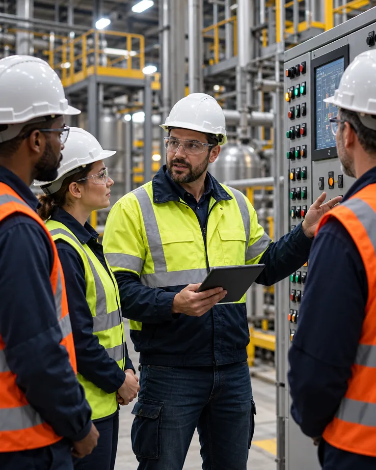 Equipo revisando la estructura de producción de una fábrica